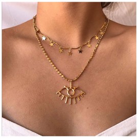 Yheakne Large Evil Eye Pendant Necklace Gold Dangle Star Choker Necklace Boho Layered Necklace Eyelash Necklace Chain Jewelry for Women Protection Necklace Gifts
