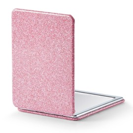 OMIRO Compact Mirror, Glitter PU Leather 1X/3X Magnification, Ultra Portable for Purses, 2.4" W x 3.4" L (Pink)