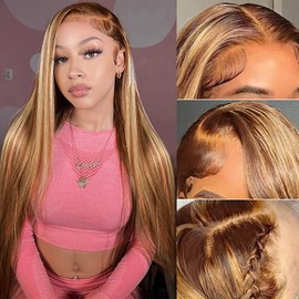 XZZ 20 Inch Ombre Highlight Lace Front Wig Human Hair 13x4 Transparent HD Lace Front Wigs Pre Plucked With Baby Hair Honey Blonde 4/27 Color Straight Lace Front Wigs 150% Density Glueless Frontal Wig