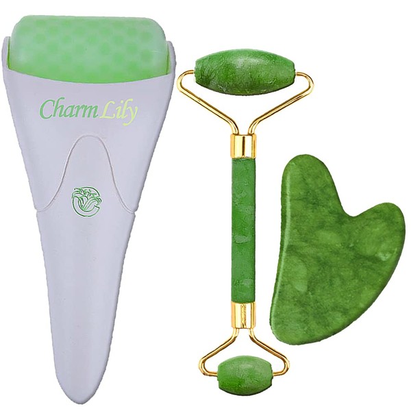Jade & Ice Roller + Gua Sha Massager Tool Set for Face & Eyes by Charmlily, Puffiness, Reduce Wrinkle Aging, Migraine, Pain Relief on Neck & Body, Cold Facial Original Natural Stone - 3 in 1