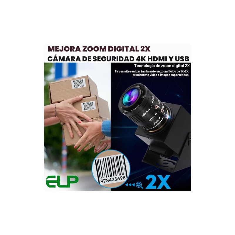 ELP Cámara USB HDMI 4K con zoom manual, cámara web