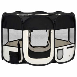 CHARMMA Dog Playpen Black and Cream Polyester and Steel Medium Foldable,Dog Kennels & Runs-171006