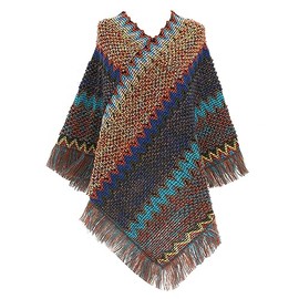 Jdlsppl Women's Boho Poncho Sweater Zig Zag Knit Pullover Adult Mexican Aztec Poncho Wrap Winter Fall Hippie Soft Convertible Tassel Fringe Crochet Shawl Asymmetrical Cape Royal Blue One Size