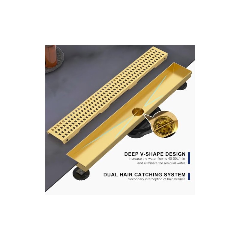 28 Inch Brushed Gold Linear Shower Drain with Adjustable Feet