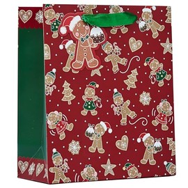 Partisan Products Christmas Gingerbread Gift Bag with Green Handle and Gingerbread Gift Tag Xmas Gift Wrap Medium