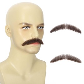 Parceria Realistic Mustache, Natural Looking Fake Facial Hair, Human Hair Curly Fake Beard and Mustache, Trimmable and Customizable Beard Invisible Lace for Adults Men (Brown)