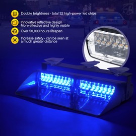 Xprite 2×11 inch High Intensity Blue 32 LED Emergency Strobe Dash Lights, Interior Windshield Flashing Police Light w/Suction Cups for Police Law Enforcement POV Vehicles Trucks