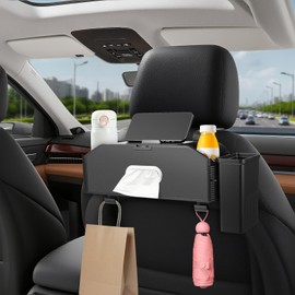 Hiitytin 7-In-1 Car Seat Back Organizer with Cup Holders, Tissue Box, Removable Trash Can & Hooks, Multifunctional Car Seat Back Storage Box, Extra Headrest Cup Holder for Backseat (Black02)