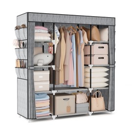 VTRIN Portable Closet Wardrobe for Hanging Clothes 57.3 Inch Large Capacity Clothes Rack with Cover, 10 Storage Organizer Shelves, 1 Hanging Rods and 6 Pockets, Free Standing Closet, Printing