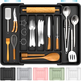 ukeetap Extra Large Expandable Silverware Organizer, BPA-Free Food-Safe Cutlery Flatware Organizer, Kitchen Utensil Drawer Organizer, Adjustable Silverware Holder for Spoons Forks Knives, Black