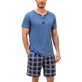 Irdcomps Men's Pyjamas Set Cotton Short Sleeves Pjs Loungewear Checked 2 Piece Nightwear Soft with Pockets Summer Sleepwear for Men A-Blue Sky，XL