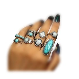 ATTORNEY Bohemian Stacked Ring Stacked Knuckle Ring Joint Knuckle Rings Set Oval Turquoise Finger Ring Opal Gemstone Teardrop Midi Rings Gothic Ring for Teen Girl and Women (A)