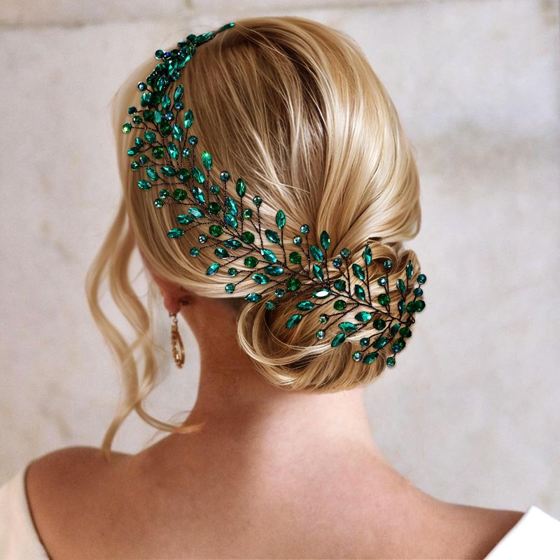 JHOO Bride Wedding Hair Accessories Emerald Rhinestone Headband Elegant Bridal