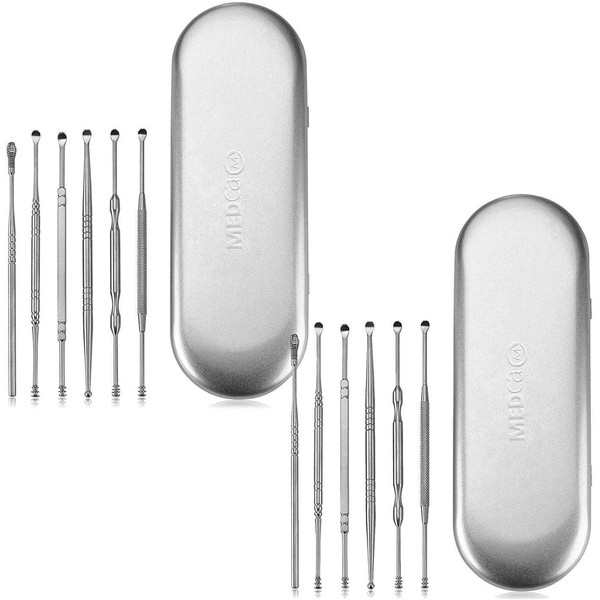 Ear Wax Removal Kits - Pack of 2-6 Piece Ear Cleansing Tool Set, Stainless Steel Ear Curette Earwax Removal Kit for Thorough Ear Cleaner with Spiral Spring Cleaner Pick Unclogger with Storage Case