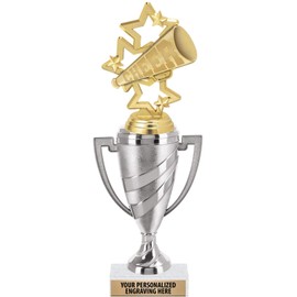 Crown Awards Cheerleading Trophy, 10" Silver Cup Cheer Megaphone Trophies with Engraving Included, 1 Pack