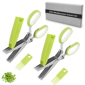 Cooking Scissors Shredder Scissors Stainless Steel Onion Nori Nori Scissors Vegetable Cutter 5 Blade Washable Set of 2 (Green Green))