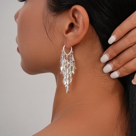 Sylph Silver Chandelier Earring for Women Copper, Long Tassel Leaf Dangle Drop Hoop Earrings Bohemian Boho Jewelry Gifts for Everyday Wear