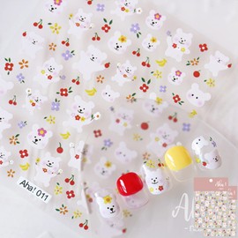 Bear Flower Nail Art Stickers Decals Banana Cherry Fruit Nail Art Sticker 3D Self Adhesive DIY Design Fashion Trend Glamour Decoration Accessories for Ladies Girls Kids (2 Sheets)