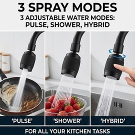 Splash Proof Booster Swivel Kitchen Filter Tap, Universal 360°Rotation Kitchen Faucets Nozzle with Filter, 3-Mode Adjustable Purifier Faucet Extender Sprayer for Kitchen & Bathroom Sink (Black)