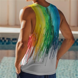 Rainbow Paint Mens Beach Tank Tops Novelty Graphic Quick Dry Sleeveless Shirt for Beach Workout S-4XL
