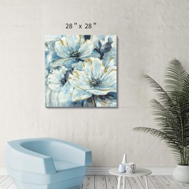 Flowers Artwork Canvas Painting Pictures: White and Blue Lily Bouquet with Blooming Petals Wall Art for Living Room ( 28'' x 28'' x 1 Panel )