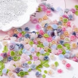 100pcs 3D Camellias Rose Flower Nail Art Charms with Nail Pearls Cute Leaves Flower Colorful Floral Gems and Jewelry Resin Charms for Nails Design