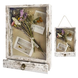 Hodeframe Shadow Box Frame, 2.6" Deep Shadow Box Display Case with Real Glass and Drawer, Wooden Memory Box for Pictures, Memorial, Flowers, Medals, Wedding Bouquet for Wall or Tabletop White