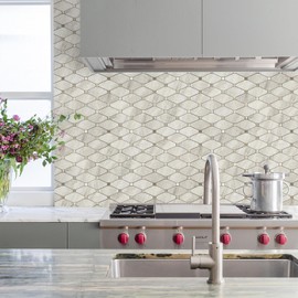 STICKGOO 10 Sheets Peel and Stick Backsplash, Beige Marble Look Stick on Mosaic Tiles, Matte PVC Mixed Metal Gold Self Adhesive Tiles for Kitchen, Fireplace, RV