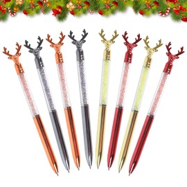 Gukasxi 8 Pcs Christmas Ballpoint Pen, Deer Head Shaped Ballpoint Pen, Metal Crystal Diamond Glitter Retractable Ballpoint Pens for Women Girls School Wedding Office Desk Supplies, Blue Ink, 0.7mm