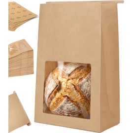 100 Pack Large Thick Brown Kraft Paper Boule Bread Bags for Homemade Sourdough Round Artisan Loaf Gifting, Packaging and Storage to Keep Fresh with Window and Wire Tin Tie Tab Closure, 13.6x8.3x4.1in