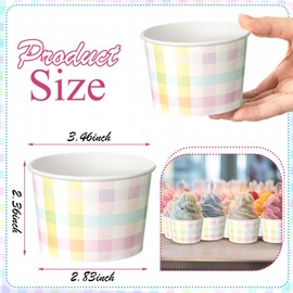 Bokon 100 Pcs Spring Easter Checkered Paper Ice Cream Cups 9 oz Disposable Dessert Bowls Snack Cups Soup Cups for Birthday Baby Shower Pastel Ice Cream Birthday Party Supplies