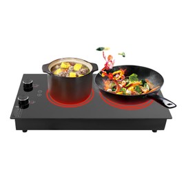 Electric Cooktop, 110V 2100W Electric Stove Top with Knob Control, Double-burner Ceramic Electric Hob, Portable Countertop Burner, 10 Power Levels, Child Lock, Timer, Over-Heat Protection