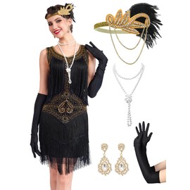 RRYIO 1920s Flapper Dresses for Women,Lace V Neck Great Gatsby Dresses Fringed Roaring 20s Dresses (Black Gold, S)