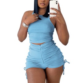 Conjunto de 2 piezas para mujer, playera corta de verano, cintura alta, bodycon acanalado, conjunto de chándal de pantalones cortos casuales, A-azul cielo , XL