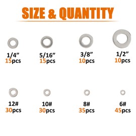 ISPINNER 190pcs 304 Stainless Steel Flat Washers Assortment Kit, 8 Sizes 1/2" 3/8" 5/16" 1/4" 12# 10# 8# 6#