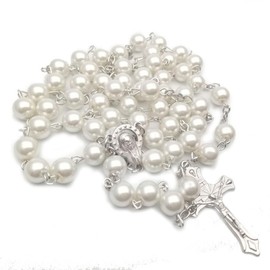 Virgin Mary White Faux Pearl Rosary Beads Catholic for Women - Catholic Rosary - Rosarios Catolicos Para Mujer - Catholic Gifts Women - Rosario Regalos Para Mujer - Rosary Necklace for Women - Catholic Gift, Acrylic, acrylic