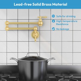 Besdor Gold Pot Filler Faucet, Wall Mount Over Stove Faucet, Commercial Brass Pot Filler Brushed Gold, Double Joint Swing Arms, Single Hole Two Handles Folding Kitchen Faucet