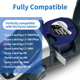 Camopro Compatible Label Tape Replacement for Dymo Label Maker Refills LT-335 Self-Adhesive Plastic LT Tape for DYMO LetraTag Plus LT-100T LT-100H QX50 Label Maker,White on Black,5-Pack