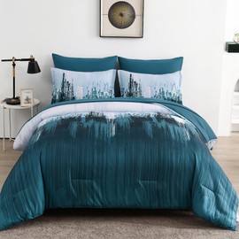 WONGS BEDDING Comforter Set Queen,Teal Blue 7 Pieces Bed in a Bag Colorful Abstract Art Gradient Comforter Soft Microfiber Bedding Set with Comforter,Flat Sheet,Fitted Sheet,Pillow Shams,Pillowcases