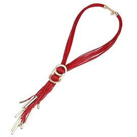 Strands of Leather Rope Necklace Red Gold Brass Earrings approximately 50 cm long stainless steel adjustable