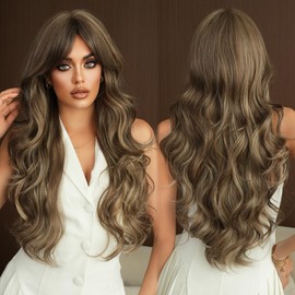 7JHHWIGS 28in Ash Brown Long Wavy Curtain Bangs Wigs Natural Highlight Platinum Heat Resistant Synthetic Fiber Women Body Wave Curly Wigs for Christmas Daily Party Daily Used