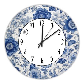 12 Inch PVC Clock Blue and White Porcelain Floral Round Wall Clock Non-Ticking Quartz Battery Operated Wall Clocks Retro Wall Clock for Bedroom Living Room Kitchen Office