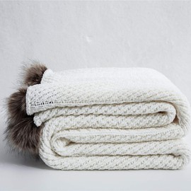 vctops Fur Pom Pom Knit Throw Blanket Super Soft Warm Cozy Cable Knitted Blanket for Sofa and Couch 51 x 63 Inch White