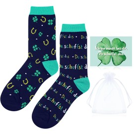 Otuuz Lucky Gift Set Including Du Schaffst Das Glückssocken Funny Socks Four Leaf Clover Postcard Organza Bag Du Schaffst Das Geschenk Viel Glück Gifts Lucky Charm for Exam, as shown in the picture