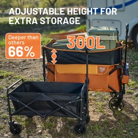 TIMBER RIDGE 300L Extra Large Collapsible Folding Wagon Carts with Brake, Heavy Duty Outdoor Camping Utility Wagons with Extended Height, Adjustable Handle, Cup Holders, Side Bag(Orange)