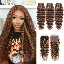 Highlight Brown Bundles Human Hair Deep Wave Bundles Human Hair with 4x4 Free Part Closure 20 22 24 +20 inch 4/27 Color Blonde Highlight Ombre Bundles Human Hair
