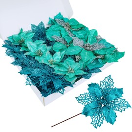 Winlyn 24 Pcs 4 Styles Christmas Teal Blue Metallic Mesh Glitter Artificial Poinsettia Flower Stems Tree Ornaments in Box for Teal Blue Christmas Tree Wreaths Garland Winter Wedding Holiday Decoration