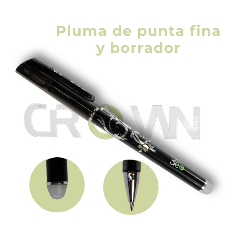 12 Bolígrafos, Plumas borrables, Tinta de gel Negra con goma