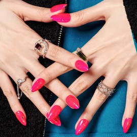 GLAMERMAID Hot Pink Press on Nails Medium Almond- Handmade Jelly Gel Gold Foil Flakes Fake Nails Short, Glitter Stiletto Stick Glue on Nails Set, Glossy Reusable Acrylic False on Nail Kit for Women