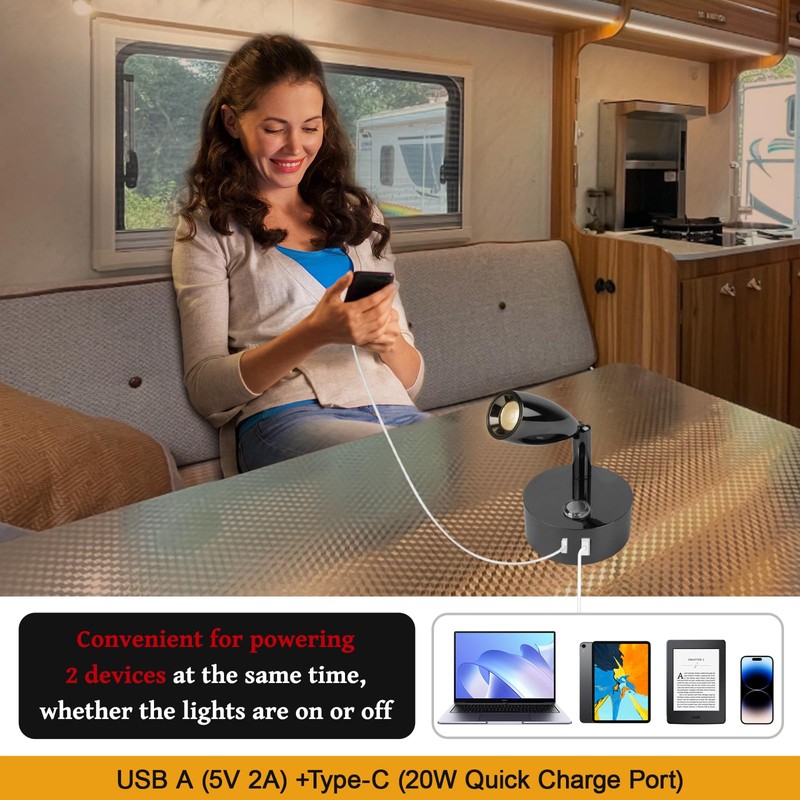 WTNYOU 12V LED Reading Light with Dual Charging Ports, Touch